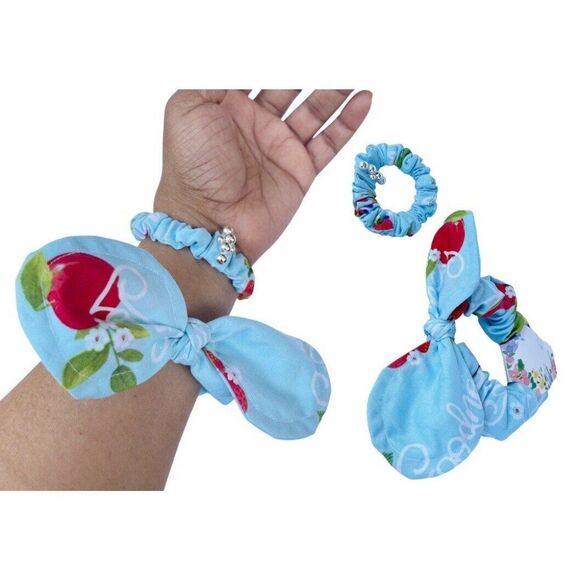 2 New Bow Scrunchie Hair Tie Blue Floral Cotton - Picture 5 of 12